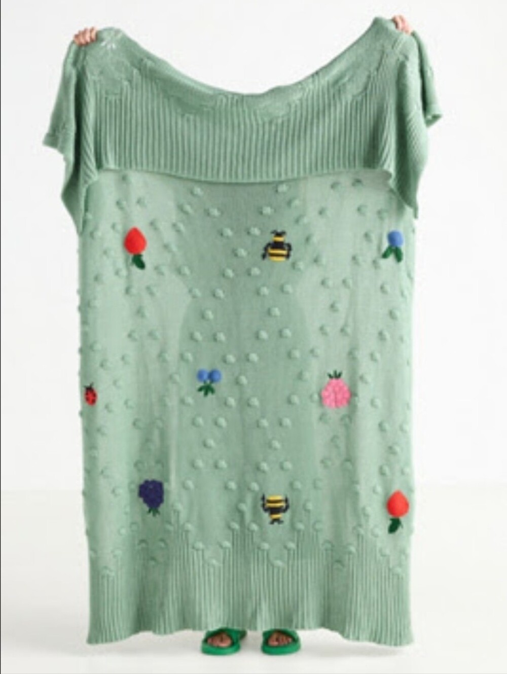 Anthropologie Isabella Cotton Crochet Strawberry Bee Throw Blanket Green NWT - Picture 2 of 7